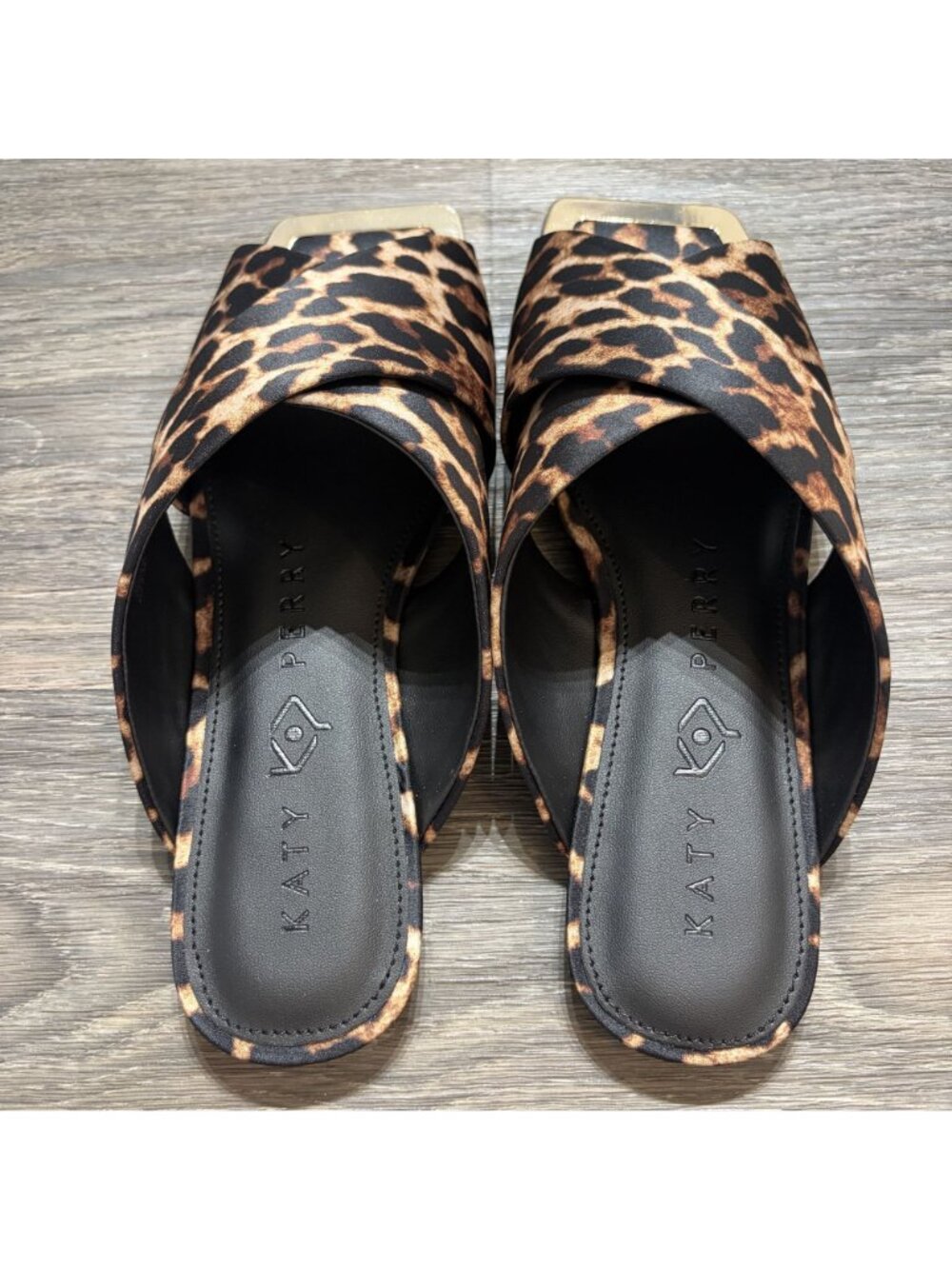 Katy Perry Checked In Slide Sandals 8 38 Leopard Print Satin Coffee Multi NEW - Picture 6 of 13